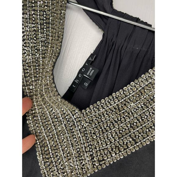 Theory Black Silk Semi Formal Dress Size 0 Beaded Neckline New‎ Year's Eve - Picture 4 of 10